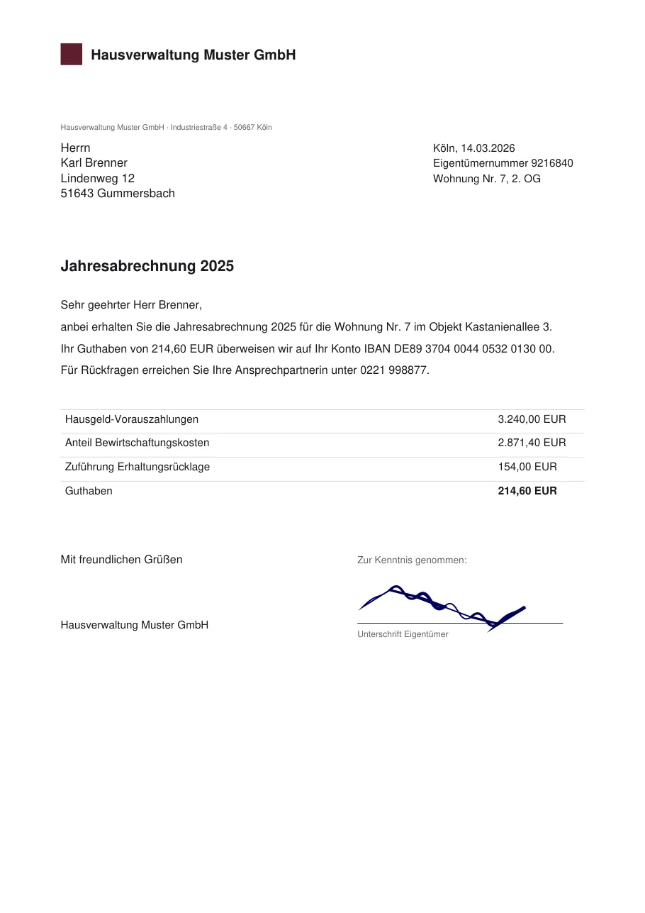 Jahresabrechnung, Original mit erfundenen Personendaten