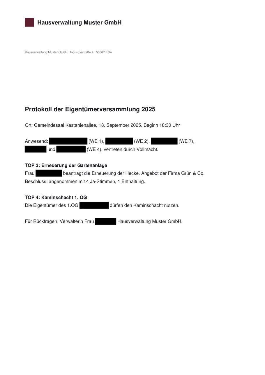 Protokoll der Eigentümerversammlung, von Schwarzbalken geschwärzt