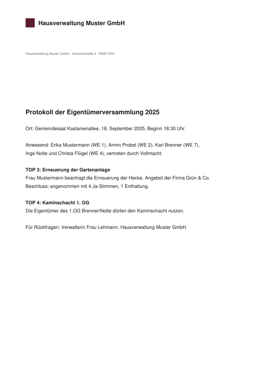 Protokoll der Eigentümerversammlung, Original mit erfundenen Personendaten