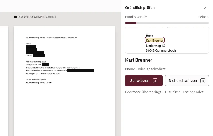 Durchgang Gründlich prüfen mit Ausschnitt und Tasten J und N (erfundene Daten)