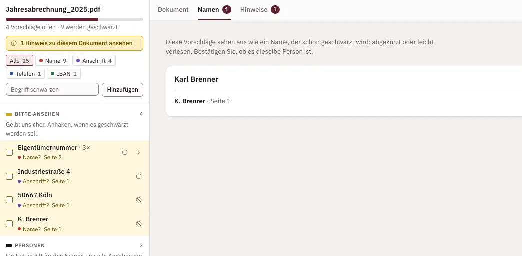Reiter Namen mit einer ähnlichen Schreibweise eines geschwärzten Namens (erfundene Daten)